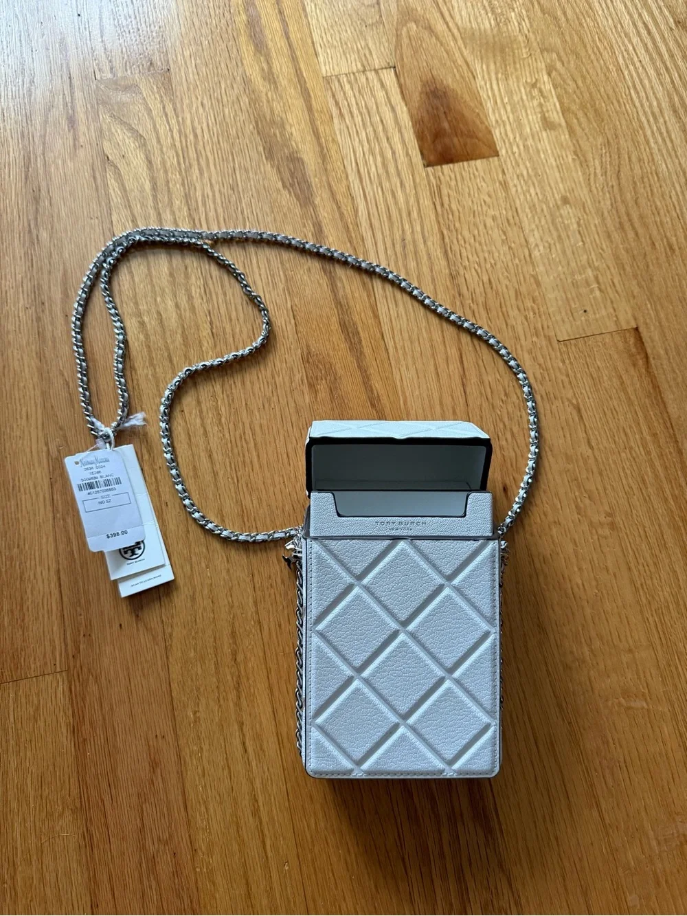 Tory Burch White Quilted Phone Crossbody with Silver Chain